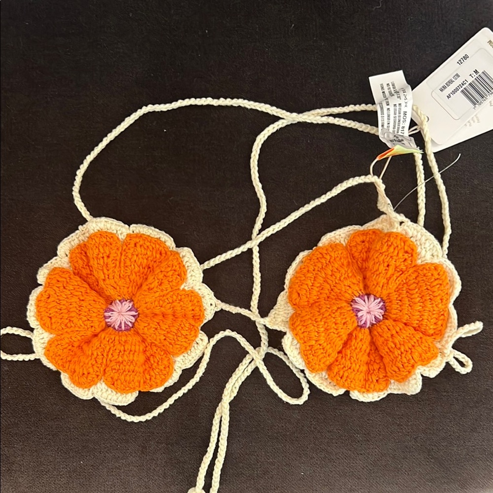Agua Bendita Orange Flower Crochet Bikini Top
